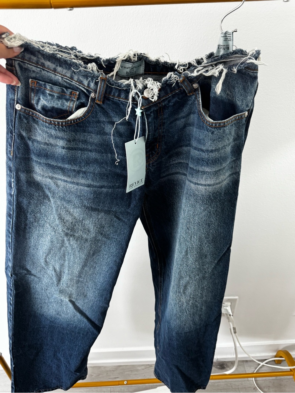 REVICE Distressed Frayed-Waist Dark Blue Boyfriend Jeans